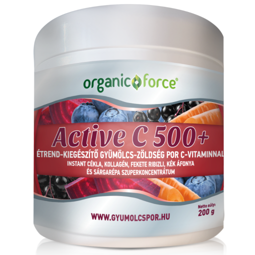 Organic Force Active C 500+ gyümölcs-zöldség szuperkoncentrátum por C-vitaminnal, kollagénnel, 200 g