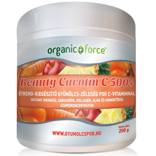 Organic Force Beauty Carotin C 500+ gyümölcs-zöldség szuperkoncentrátum por C-vitaminnal, kollagénnel, 200 g
